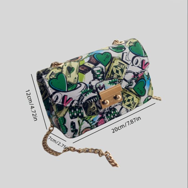 Elegant Heart Graffiti Crossbody Bag – Buckle Closure & Chain Strap for Women - Image 4