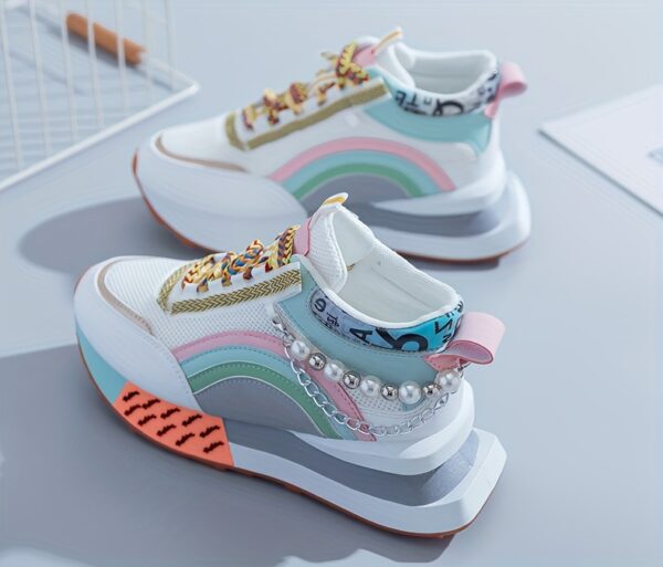 Sparkling Bead Chain Mid-Top Sneakers – Women's Fashion Lace-Up Casual Shoes, Breathable Mesh for All Seasons - Image 21