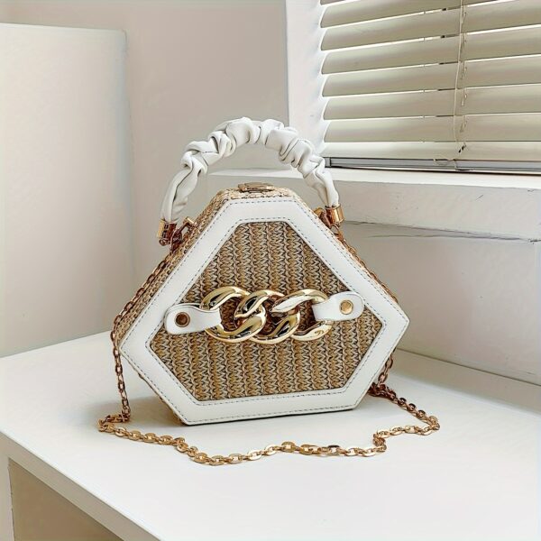 Fashion Niche Shaped Satchel Bag – Chain Decor Straw Design, Mini Top Ruched Strap Handbag - Image 6