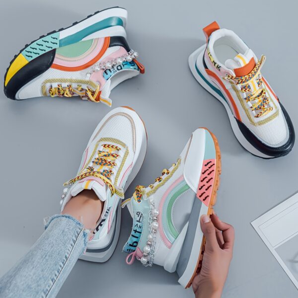 Sparkling Bead Chain Mid-Top Sneakers – Women's Fashion Lace-Up Casual Shoes, Breathable Mesh for All Seasons - Image 2
