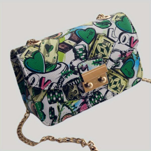 Elegant Heart Graffiti Crossbody Bag – Buckle Closure & Chain Strap for Women - Image 5