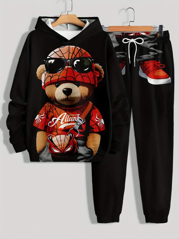 Lightweight Men's Sportswear Set - Bear Print Hoodie & Joggers, Comfortable & Machine Washable - Image 3
