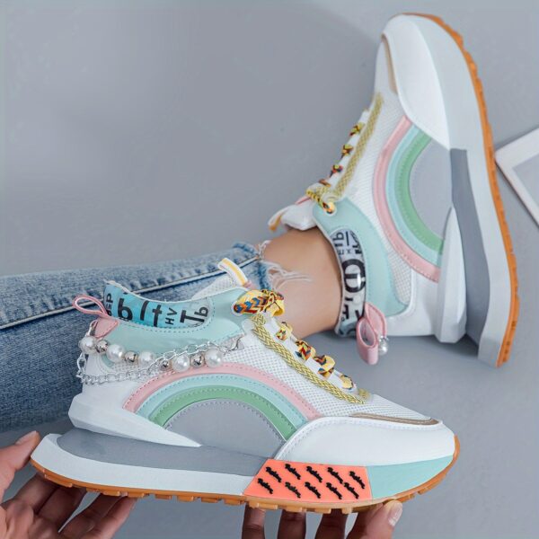 Sparkling Bead Chain Mid-Top Sneakers – Women's Fashion Lace-Up Casual Shoes, Breathable Mesh for All Seasons - Image 5