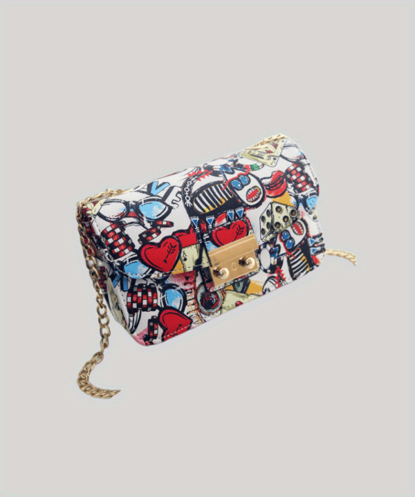 Elegant Heart Graffiti Crossbody Bag – Buckle Closure & Chain Strap for Women - Image 9