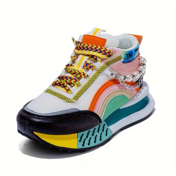 Sparkling Bead Chain Mid-Top Sneakers – Women's Fashion Lace-Up Casual Shoes, Breathable Mesh for All Seasons - Image 7