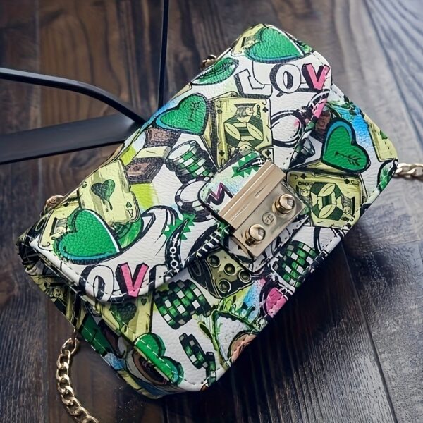 Elegant Heart Graffiti Crossbody Bag – Buckle Closure & Chain Strap for Women