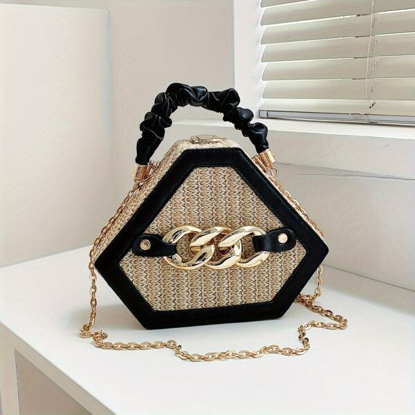 Fashion Niche Shaped Satchel Bag – Chain Decor Straw Design, Mini Top Ruched Strap Handbag