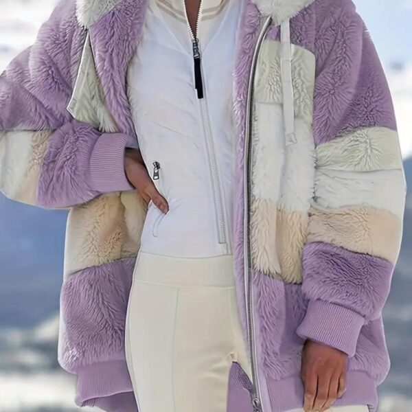 [Plush Jacket] Women's Chic Hooded Coat - Purple & White Color Block, Long Sleeve, Zip-Up Plush Jacket with Pockets – Casual Loose Fit for Fall/Winter Streetwear - Image 17
