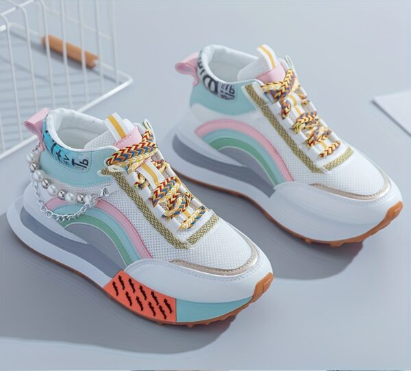 Sparkling Bead Chain Mid-Top Sneakers – Women's Fashion Lace-Up Casual Shoes, Breathable Mesh for All Seasons - Image 22