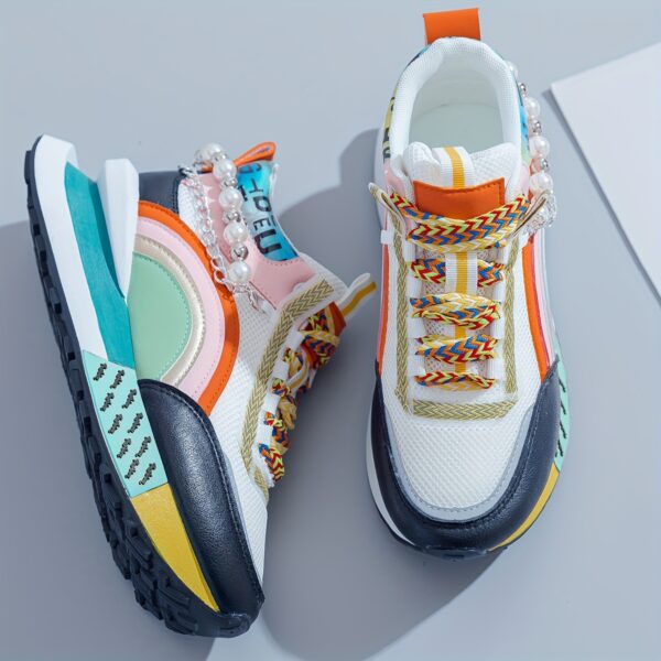 Sparkling Bead Chain Mid-Top Sneakers – Women's Fashion Lace-Up Casual Shoes, Breathable Mesh for All Seasons - Image 12