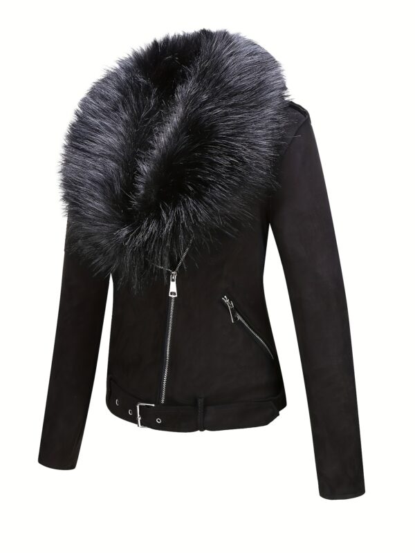 Faux Fur Trim Zip-Up Jacket for Women, Casual Solid Long Sleeve Biker Jacket with Belt – Perfect for Fall & Winter Fashion - Image 3