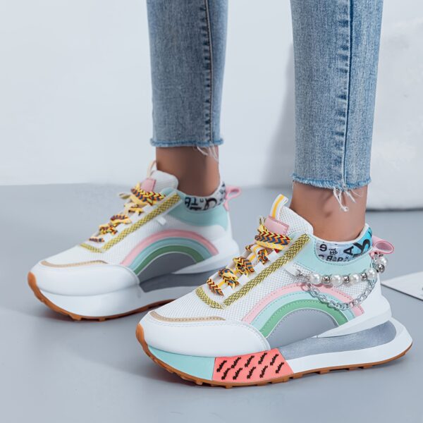 Sparkling Bead Chain Mid-Top Sneakers – Women's Fashion Lace-Up Casual Shoes, Breathable Mesh for All Seasons - Image 3