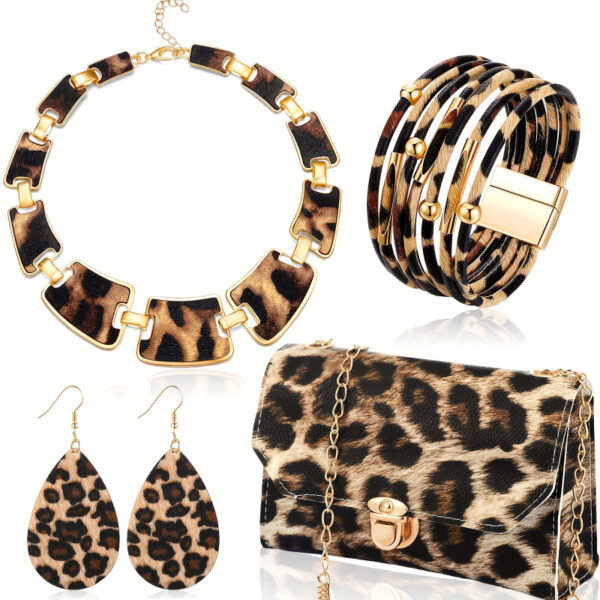 4 Pcs Leopard Print Jewelry Set – Alloy Earrings, Bracelet, Necklace with Tassel Pendant, Stylish Accessories for Daily Wear