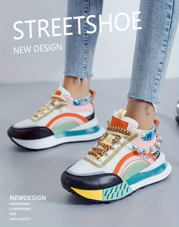 Sparkling Bead Chain Mid-Top Sneakers – Women's Fashion Lace-Up Casual Shoes, Breathable Mesh for All Seasons - Image 13