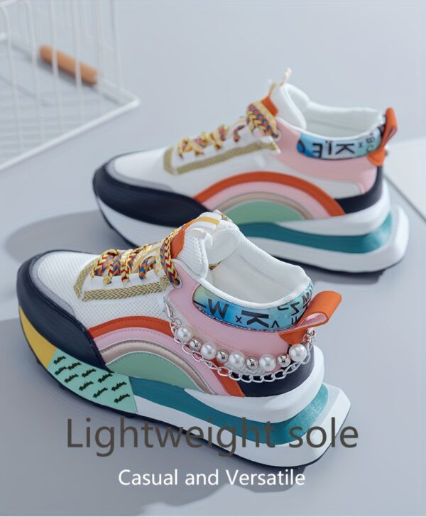 Sparkling Bead Chain Mid-Top Sneakers – Women's Fashion Lace-Up Casual Shoes, Breathable Mesh for All Seasons - Image 14