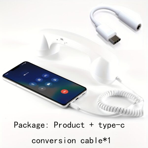 Retro Wired Telephone Handset with Type-C Adapter – Compatible with iPhone 15/16 & Android, Mic, 3.5mm Jack, Tangle-Free Cable - Image 3